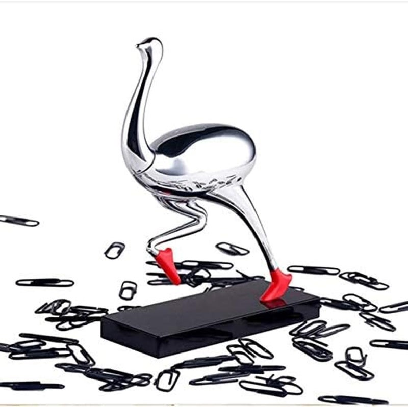 EHERDM Running Ostrich Magnetic Paperclip Holder Funny Office Desk Decor Decorative Jewelry Storage Dispenser Silver Creative Small Gifts for Friends Coworkers - Image 1